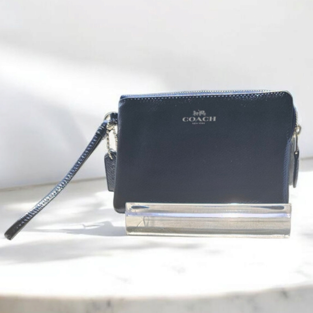 COACH Gun Metal Blue Crossgrain Leather Corner Zip Wristlet